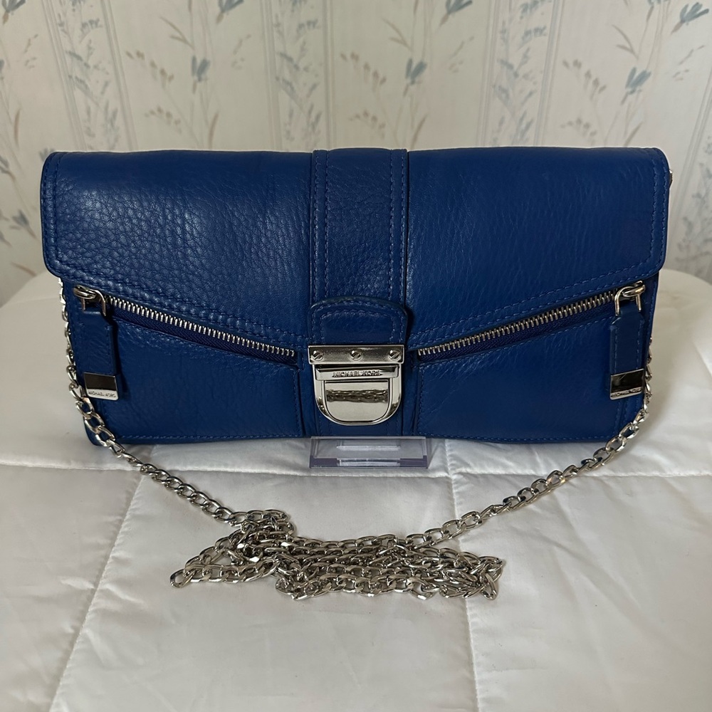 Michael Kors Royal Blue Leather Clutch with Silver Chain